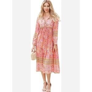 R Vivimos Floral Long Sleeves Drawstring Peasant Bohemian Dress‎ Small floral